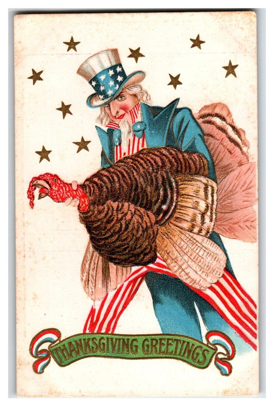 Vintage Uncle Sam Thanksgiving Greetings Turkey Embossed Postcard